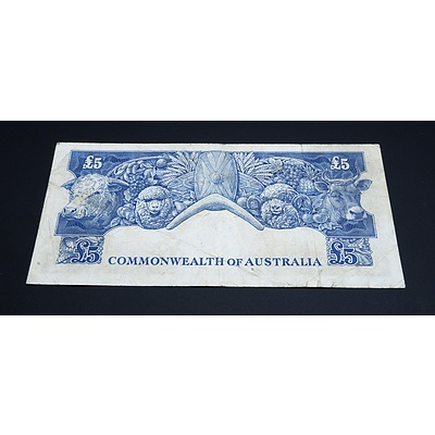 1954 Coombs Wilson Australian Five Pound Banknote R49 TA96430186