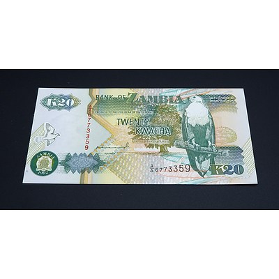 1992 Zambia 20 Kwacha Banknote AA6773359