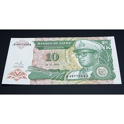 1993 Zaire 10 Nouveaux Makuta Banknote A4977354A