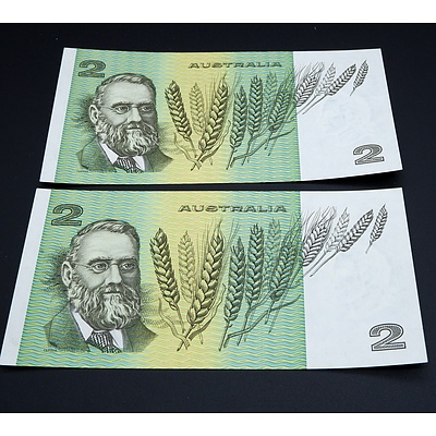 2 X Consecutive $2 1985 Johnston Fraser Australian Two Dollar Banknotes R89 LGF980599-600