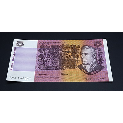 $5 1985 Johnston Fraser Australian Five Dollar Banknote R209A QDZ540667 Uncirculated Condition