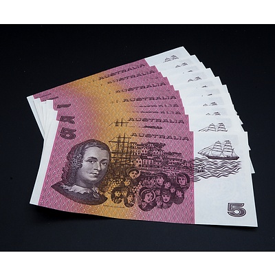 10 X Consecutive $5 1991 Fraser Cole Australian Five Dollar Banknotes R213 QNK741821-30