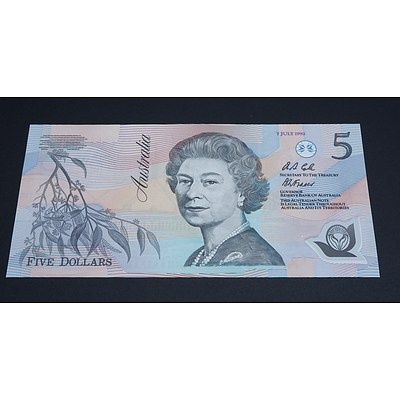 $5 1992 Fraser Cole Australian Five Dollar Polymer Banknote R213 AA22001705 First Day of Issue Stamp