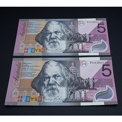 2 X Consecutive $5 2001 MacFarlane Evans Australian Five Dollar Polymer Banknotes R219 GB01176186-7