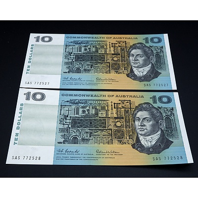 2 X Consecutive $10 1966 Coombs Wilson Australian Ten Dollar Banknotes R301 SAS772527-8