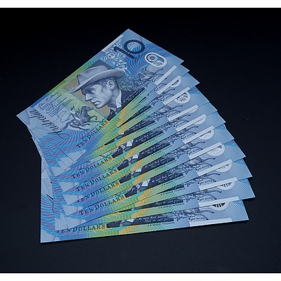 12 X Consecutive $10 2012 Stevens Parkinson Australian Ten Dollar Polymer Banknotes R322A CJ12521273-85