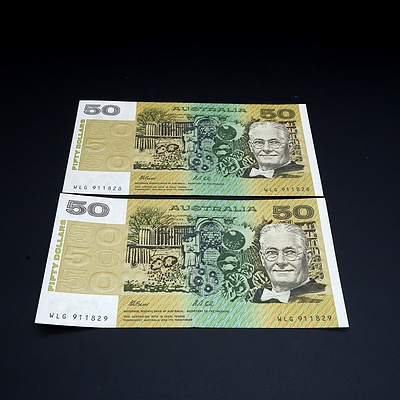 2 X Consecutive $50 1991 Fraser Cole Australian Fifty Dollar Banknotes R513 WLG911828-9
