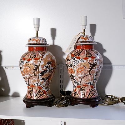Pair of Asian Imari Decorated Porcelain Side lamps in the Form of Ginger Jars (2)