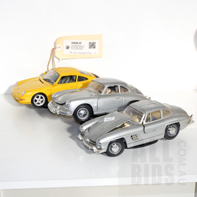 Three Italian Burago 1:18 Scale Models Including Porsch 911 Carrera on Stand, Porsch 356 B and More