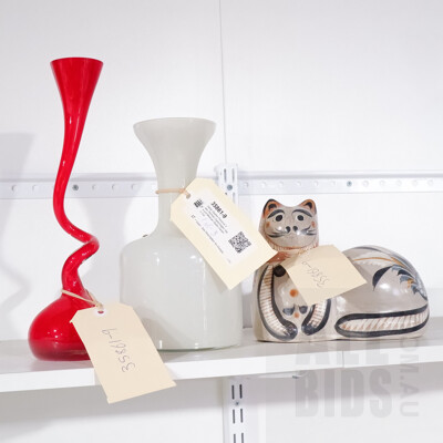 Italian Opaline Florence Vase, Norman Copenhagen Vase and Mexican Studio Ceramic Cat