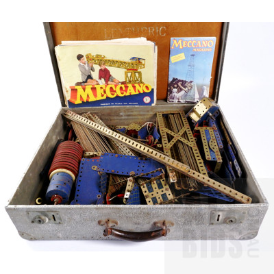 A Very large Collection of Early Meccano in Vintage Hardshell Carry Case, Including Electric Motor, Pulleys, and Manuals