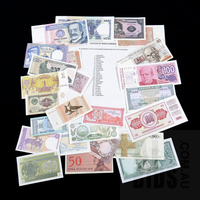 Collection of International Uncirculated Banknotes Including: Argentina, Brazil, Laos, Nepal, Peru, Ukraine and Many More