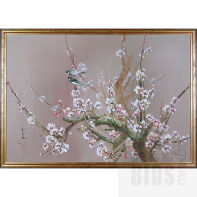 Chinese School (20th Century), Untitled (Birds and Spring Blossoms), Oil on Canvasboard, 81 x 89 cm