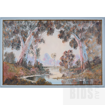 Australian School (20th Century), Untitled (River Scene with Gums), Oil on Board, 58 x 90 cm