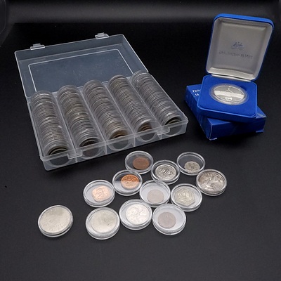 Box of Cased Australian and International Coins and Tokens, Including American 1940 Half Dollar, 1998 Silver Proof Coin, 1974 Adelaide Show Token and More