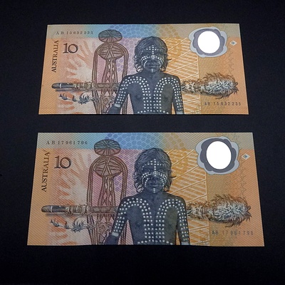 Two 1988 Australian Polymer Bicentennial Commemorative $10 Notes, AB17961796 and AB15632235