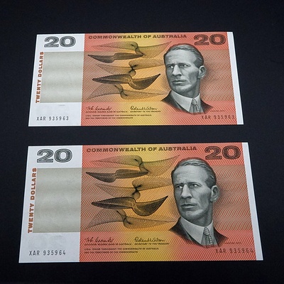 Two Consecutive Australian Coombs / Wilson $20 Notes, XAR935963 and XAR935964