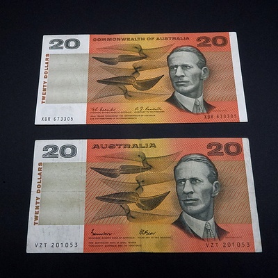Two Australian $20 Notes, Coombs / Randall XBR673305 and Johnston / Fraser VZT201053