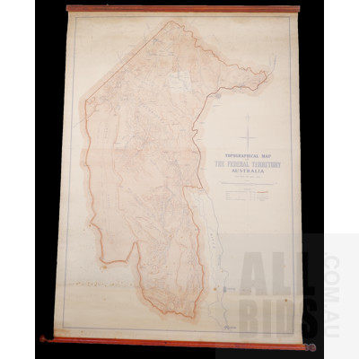 Antique Large Canvas Topographic Map of the Federal Territory, 1910,  on Original Timber Fittings