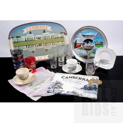 Collection of Vintage Canberra Commemorative and Souvenir Ware Including Glasses, Tray, War Memorial Crown Devon Duo and More
