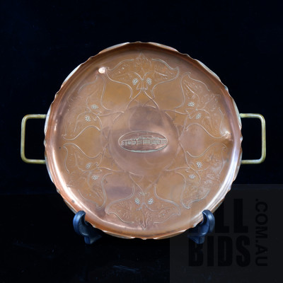 Antique Joseph Sankey & Sons Copper Old Parliament House Canberra Commemorative Round Tray with Handles, Scalloped Rim and Ball Feet