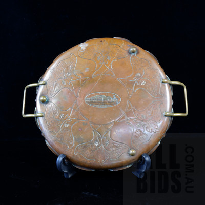 Antique Joseph Sankey & Sons Copper Old Parliament House Canberra Commemorative Round Tray with Handles, Scalloped Rim and Ball Feet