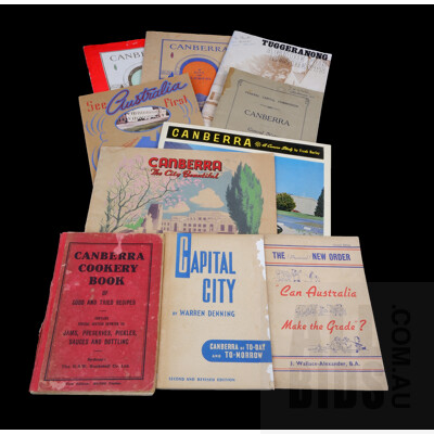 Collection of Vintage Books and Pamphlets Relating to Canberra Including Capital City by Warren Denning 1944, Canberra General Notes for the Information of Public Servants 1926, Canberra A City of Flowers Tourist Guide 1935 and 1936 and Much More