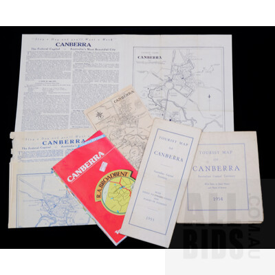 Collection of Vintage Canberra Tourist Maps Including 1930s,1954, 1955 and More