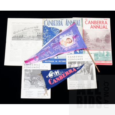Collection Canberra Newsletters Including 1925 Canberra Community News, Canberra Annual 1934, 1940, Two Commemerative Pennents and More