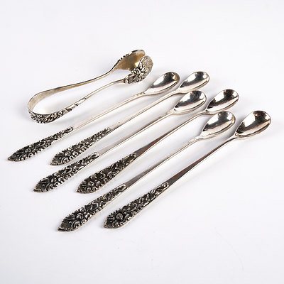 Vintage Set of Six Nickle Silver Coffee Spoons and Sugar Tongs