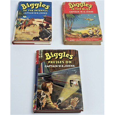 Three Vintage Captain W E Johns Biggles First Edition Titles Including Biggles of the Interpol, Biggles in the Blue and Biggles Presses On