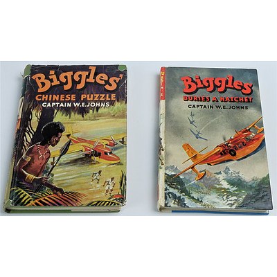 Two Vintage Captain W E Johns Biggles First Edition Titles Including Biggles Buries the Hatchet, Biggles Chinese Puzzle