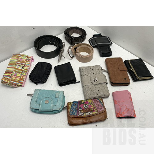 Assorted Ladies Purses, Belts, FCUK Manicure Set, And Mobile Phone Accessories - Lot Of Fourteen