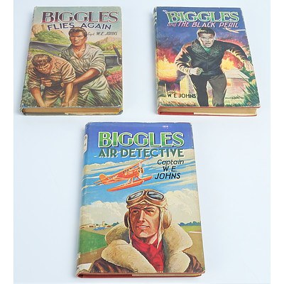 Three Vintage Captain W E Johns Biggles Titles Including Biggles and the Black Peril, Biggles Flies Again and Biggles Air Detective, all with Dust Jackets