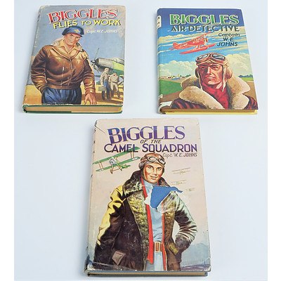 Three Vintage Captain W E Johns Biggles Titles Including Biggles Flies to Work, Biggles of the Camel Squadron and Biggles Air Detective