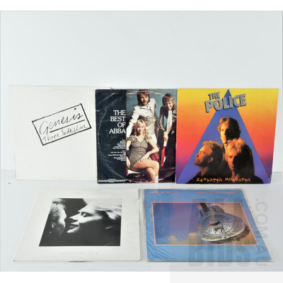 Five Vinyl Records Including The Best of Abba, Genesis Three Sides Live, The Police Zenyatta Mondatta, Dire Staights Broithers in Arms and John Farnham Whispering Jack