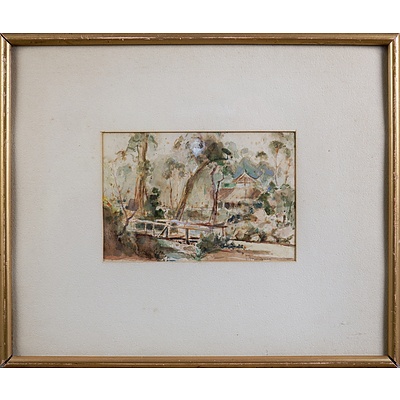 Victor Zelman (1877-1960), Untitled (Landscape with Bridge), Watercolour & Gouache, 15.5 x 10 cm