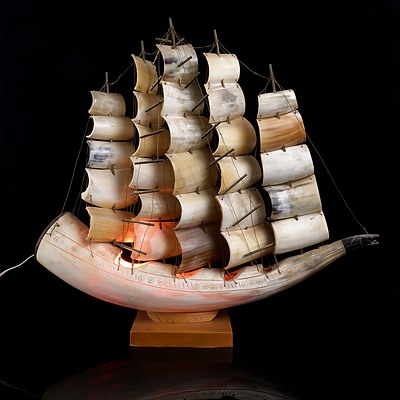 Vintage Lamp in the form of a Tallship, Carved from a Large Horn with Horn Section Sails