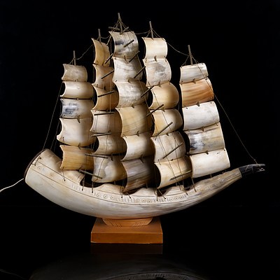 Vintage Lamp in the form of a Tallship, Carved from a Large Horn with Horn Section Sails