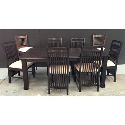 7 Piece Stained Timber Finish Dining Table, Beige MicroSuede Dining Chairs And Bone MicroSuede  Bar Stools - Lot Of Nine
