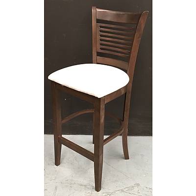 7 Piece Stained Timber Finish Dining Table, Beige MicroSuede Dining Chairs And Bone MicroSuede  Bar Stools - Lot Of Nine