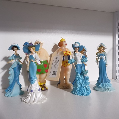 Five Bradford Exchange Promenade Collection Figurines and a Pair of Beachgoer Candles