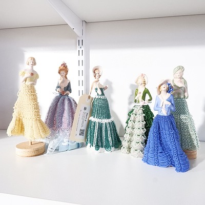 Six Vintage porcelain Half Dolls with Hand Beaded Skirts on Stands