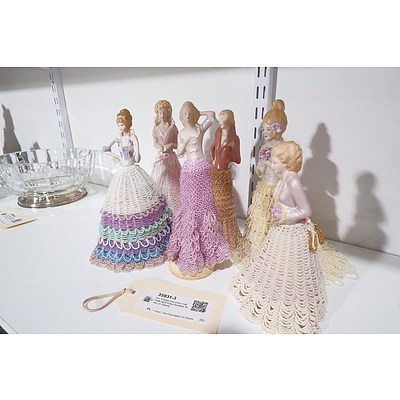 Six Vintage porcelain Half Dolls with Hand Beaded Skirts on Stands