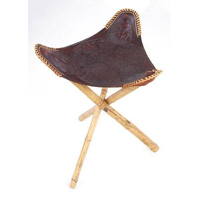 Vintage Stool with Folding Tripod Bamboo Base and Tooled Leather Top