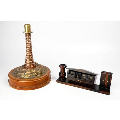 Antique Brass Lighthouse Form Cigar Lighter on Wooden Base and a Vintage Rosewood Desk Calendar