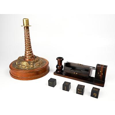 Antique Brass Lighthouse Form Cigar Lighter on Wooden Base and a Vintage Rosewood Desk Calendar