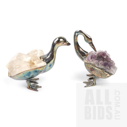 Two Gerson Silver Plated Birds with Amethyst and Quartz Crystals