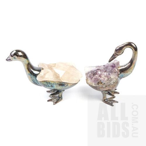 Two Gerson Silver Plated Birds with Amethyst and Quartz Crystals