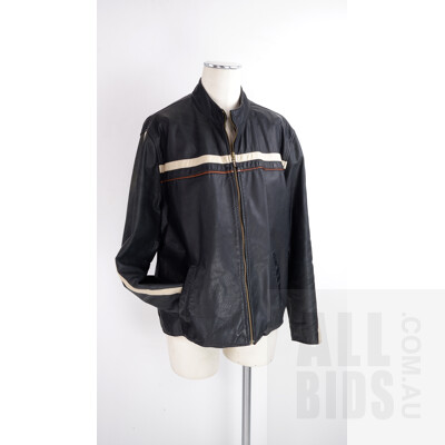 Vintage Black Leather Zip front Jacket with Cream and Tan Trim